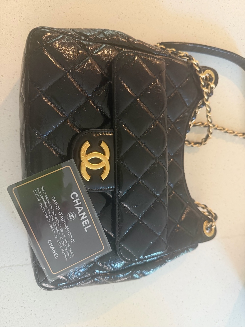 CHANEL Black Quilted Patent Leather Crossbody with Gold Chain & CC Turnlock - Picture 9 of 9